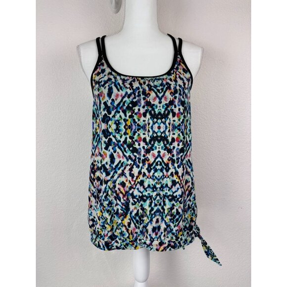 Athleta women's medium black patterned built in bra open tankini swim top - Picture 1 of 6